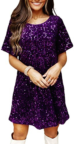 Qkiome Women Sexy Sparkle Sequin Backless Short Sleeve Tie-Up Mini T-Shirt Dress Party Club Disco Dance Short Dress (A-Purple, XL)