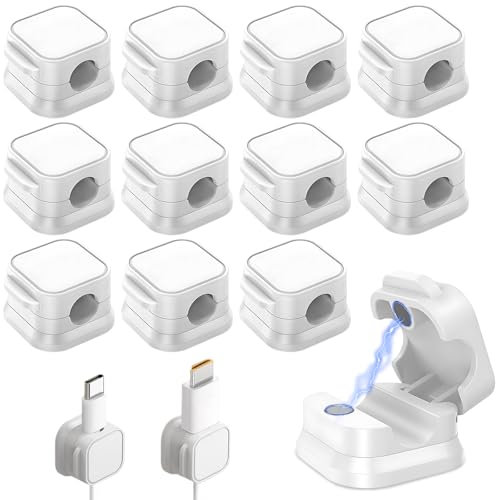 12PCS White Magnetic Cable Tidy - Adjustable Cord Organiser, Desk & Nightstand, HDMI, USB, Audio, Office & Home