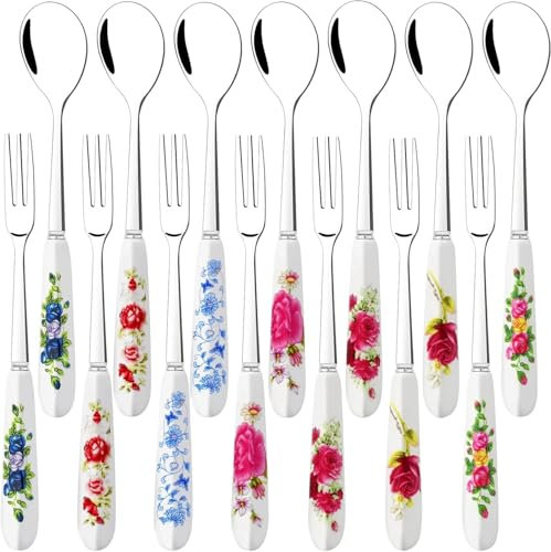 CACASO Juego de 14 tenedores y cucharas de postre, tenedores y cucharas con mango de cerámica, mini cucharas de café de acero inoxidable, tenedores de ensalada, tenedores de pasteles, cucharas de té