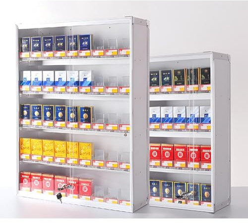 Convenience Store Cigarette Shelf Sliding Door with Lock Cigarette Display Cabinet, Wall Mounted Cigarette Rack, Aluminum Alloy Cigarette Display Case, Automatic Cigarette Pusher, for Shoppi