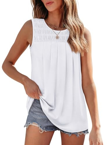 Aokosor Ladies Tops for Women UK Summer Vests Pleated Sleeveless Top Ruched Fronted Tank White Size 18-20