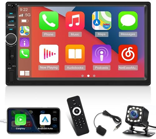 7 inch Double Din CarPlay Car Stereo with Car Play and Android Auto, 7inch Touch Screen Radio with Mirror Link/SWC/Bluetooth/FM Radio + Reverse Camera