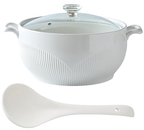 Soppterrin ， Serveringsgryta for vit keramik, stor soppterrin med glaslock och slev, soppskål med diamantlock Dekorationssoppa for restauranghem(3000ml)