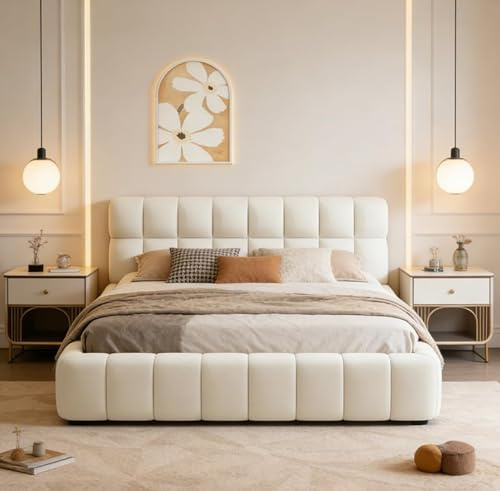 Julyue Letto Matrimoniale 160x200cm, Letto Imbottito con Testiera Imbottita, con Rete a Doghe in Legno, lino (Beige, 160x200cm)