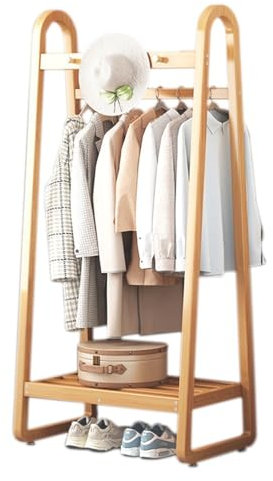 Generisch Freistehende Standgarderobe mit Spiegel, Doppelgarderobe aus Bambus, freistehender Kleiderständer mit Kleiderstangen, Haken und Kleiderstangen, Garderobenständer für Eingangsbereich, Schlaf