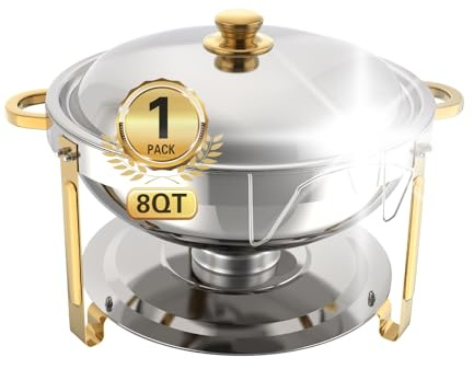 Beviliu 9 Liter Chafing Dish Buffet, 1 Packung 8QT Runde Chafing Dishes & Speisenwärmer, Gold Chafing Dishe für Buffet, Edelstahl Chafer für Catering Deckel & Deckelhalter, Speisenwärmer für Party