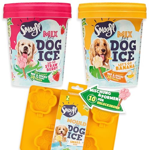 Hundeeis-Set – Smoofl 20-teiliges Sommer-Kit: vegane Erdbeer- und BananenLollies mit essbaren Stielen & 5-Fach Pfoten-Silikonform, hypoallergen, kalorienarm, aus belg. Schutzwerkstatt