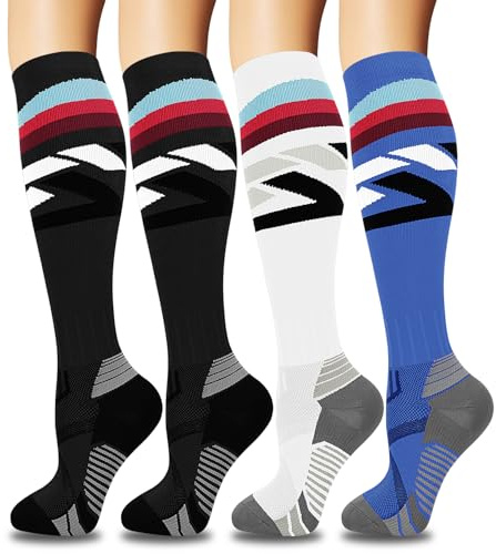 ACTINPUT 4 Paar Kompressionsstrümpfe für Damen Herren, Bunte Stützstrümpfe Kompressionssocken für Sport, Flug, Laufen, Reisen, Radsport, krankenschwester(4104 - Blau,L-XL)