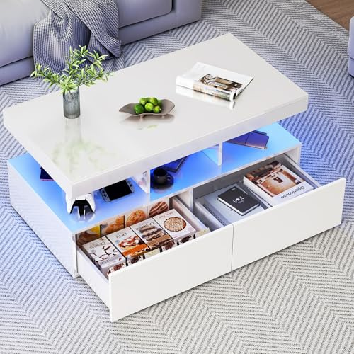 JiaOyu Couchtisch mit LED Beleuchtung, Hochglanz Wohnzimmertisch mit 2 Schublade & Offene Fach, Beistelltisch Kaffeetisch Sofatisch für Wohnzimmer Büro,104x53x46CM (Weiß)