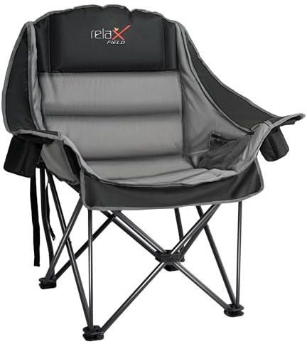 RELAX FIELD Överdimensionerad campingstol, vikbar, campingfåtölj, stoppad, fällstol, camping, fiskestol, kan belastas upp till 227 kg, svart