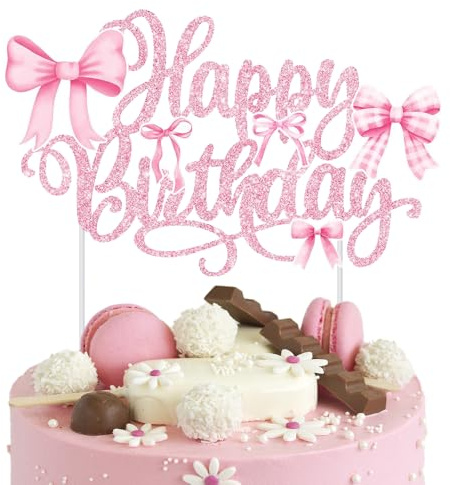 HSC Pink Bow Happy Birthday Cake Topper, Pink Bow Cake Decorations, Pink Birthday Decorations, Pink Glitter Cake Topper with 5 Bows, Perfect for Women's Girl's Princess Theme Party Supplies