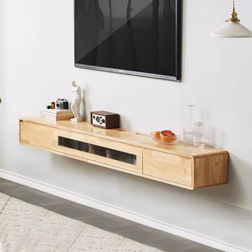 FPIGSHS TV Schrank schwebend Massivholz mit 2 Schubladen, 180cm TV Lowboard hängend mit Kabelmanagement ，TV-Medienkonsole für Wohnzimmer, Schlafzimmer (Originalholzfarbe, 180cm)