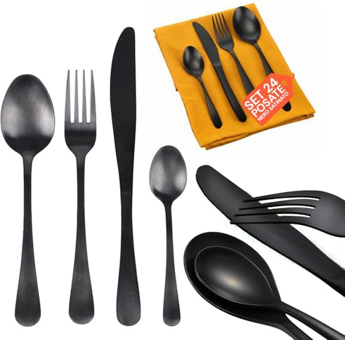Avilia - Set 24 Posate Acciaio Inox Satinato per 6 Persone, Design Moderno ed Elegante, Lavabili in Lavastoviglie, Ideali per Uso Quotidiano e Tavole Raffinate (Nero)