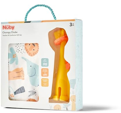 Nuby Baby Teething Set with 2-Piece Keepsake Giftbox, 3M+, Chompy Chubes | Includes a Comforter and Colourful Teether, Stimulates Early Development and Fine Motor Skills, Soft on Sore Gums