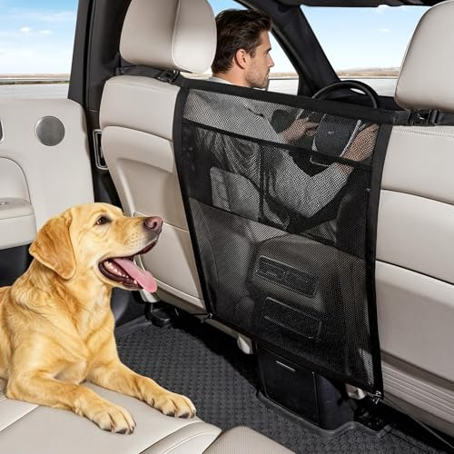 Beojonvy Griglia per cani per auto, sedile posteriore, protezione per cani con vano portaoggetti, barriera di sicurezza contro il cane dal sedile posteriore, universale, per auto, SUV, furgoni