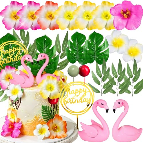 33PCS Tropischer Flamingo Kuchenaufsatz Hawaii Geburtstag Dekorationen | Tropischer Flamingo Kuchenaufsatz Luau Kuchendeko Hawaii Strand Kuchenaufsatz Deko für Geburtstag Babyparty Brautparty