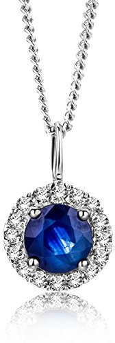 Miore Halskette Saphir und Diamant, Panzerkette (45 cm) und Anhänger (6 x 9,5 mm) aus 9 Karat 375 Weißgold (1,30 Gramm) mit runden blauen Saphir 0,34 Karat und natürlichen Diamantbrillanten 0,05 Karat