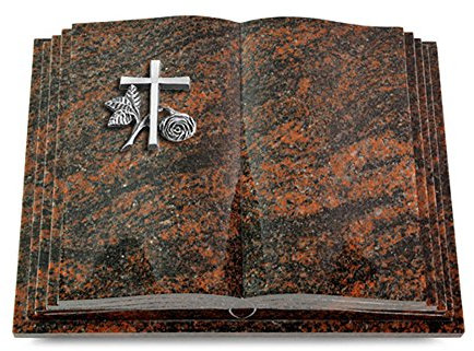 MEMORUM Grabmale Grabbuch, Grabplatte, Grabstein, Grabkissen, Urnengrabstein, Liegegrabstein Modell Livre Pagina 40 x 30 x 8-9 cm Aruba-Granit, poliert inkl. Gravur (Aluminium-Ornament Kreuz 1)