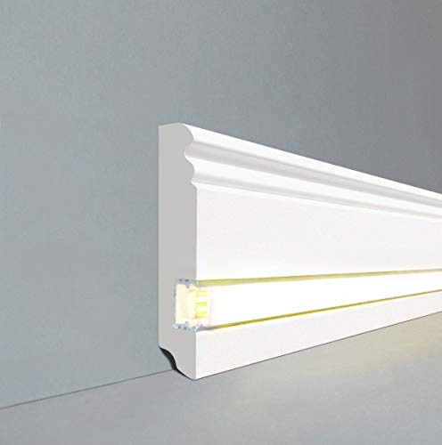 LEDLicht Fuß- u. SockelleistenWiesbaden Berliner Profil 96 x 19 mm MDF foliert 719.096L | LED Sockelleiste | Lichtleiste | Profisockelleisten |Inklusive weißer Abdeckung| Weiß