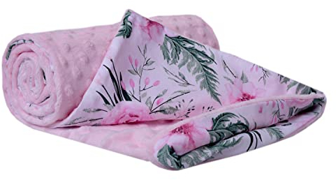 Morbida coperta per gattonare, in 100% cotone, da 75 x 100 cm, double face, multifunzione, per carrozzina, con fiori rosa chiaro e lato Minky rosa chiaro