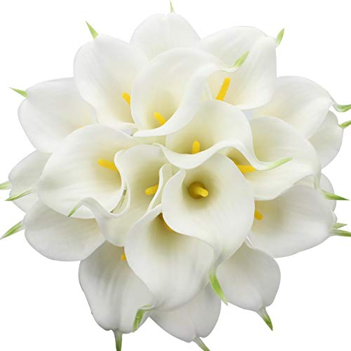 Veryhome 20 Pcs Calla Lily Bridal Bouquet of Flowers Artificial Flower Head Latex Real Touch Home,Party,Wedding Decoration (White-Yellow)