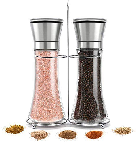 Salt & Pepper Grinder Set of 2 Glass Sea Salt and Spice Shakers with Stand - Adjustable Coarseness Mills - Stainless Steel & Ceramic Rotor