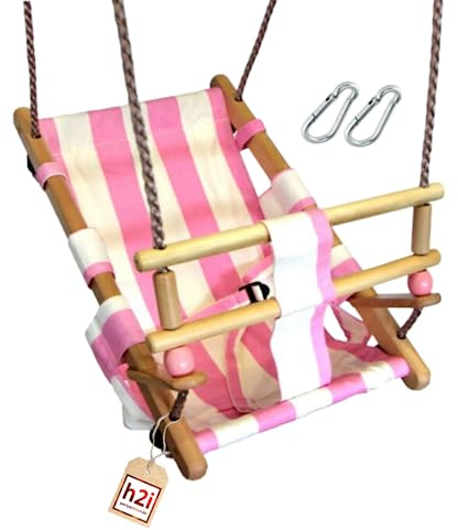 h2i Babyschaukel mit Haltegurt | Kinderschaukel aus wetterfestem Stoff | Kleinkindschaukel für Indoor & Outdoor | Schaukel für Baby & Kleinkinder | rosa-weiß