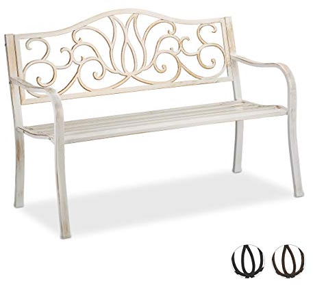 Relaxdays Gartenbank Antik für 2 Personen, Balkon, Terrasse, Premium Rostschutz, Metallbank 90x127,5x63 cm, weiß-bronze