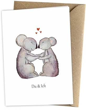 Herzfunkeln® Karte für Freundin, Freund, Frau, Mann & Partnerin mit verliebten Koalas in DIN A6 - Du & Ich - Mit Umschlag - Liebes Grußkarte zum Jahrestag, Valentinstag & Hochzeitstag für Sie & Ihn