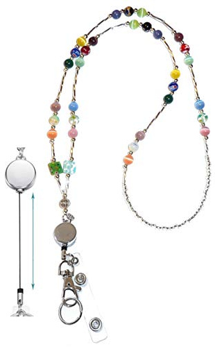 Hidden Hollow Beads Retractable Badge Reel, Women's Hand Beaded Necklace Lanyard, USA, Strong, ID Card Holder, Keys Teacher Nurse Cruise (Multi - Super Slim)