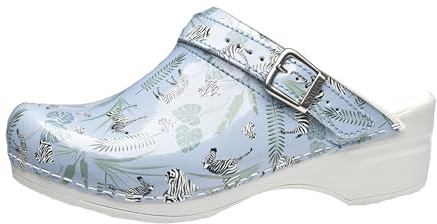Sanita Animal Zebra offener Clog | Original handgemacht | Flexible Leder-Clogs für Damen | Anatomisch geformtes Fußbett mit weichem Schaum | Verstellbarer Fersenriemen | Hellblau | 40