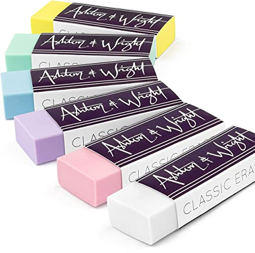 Ashton and Wright - Classic Eraser - Latex Free Plastic Rubber - [Pack of 6] - Pack of 5 Pastel + 1 White