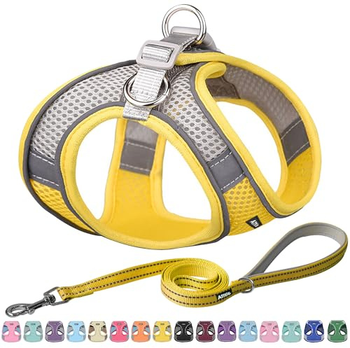 AIITLE Bequemes Hundegeschirr und Leine für Spaziergänge, Gelb XS | Schritt in Weste Geschirr, reflektierende Bänder, verstellbare No Pull Puppy Essentials, für kleine Hunde und Hauskatzen