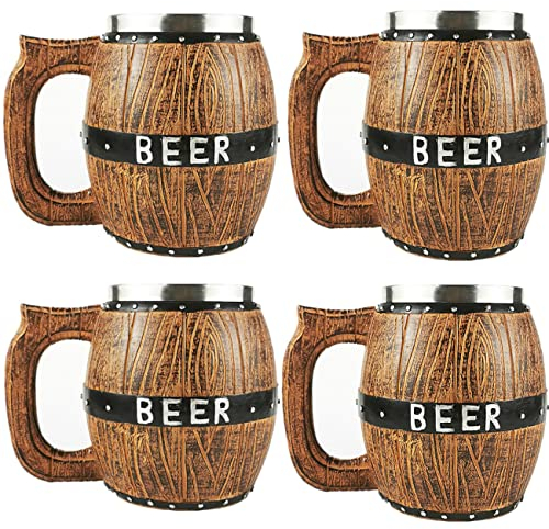 4 Vintage Viking Beer Mug, 18 oz Large Wooden Beer Mug，Oak Beer Tankard，Wood Carving Beer Mug of Wood Eco Friendly，Beer Cup for Men and Women, Beer Cup Gift (4 Mugs)