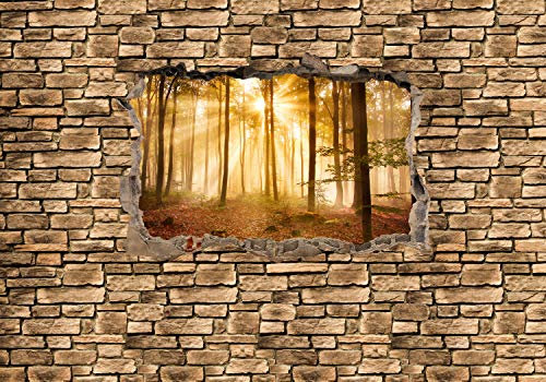 wandmotiv24 Fototapete 3D Wald am Morgen - Steinmauer, 300 x 210 cm - selbstklebende Strukturtapete, Wanddeko, Wandbild, Wandtapete, 3D-Optik, Wandbruch, Landschaft M0661