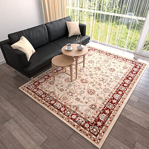 Mazovia Groß Teppich Flur 200x300cm Creme Rot Klassisch Traditionell Weich | Teppich für Eingangsbereich Küche Büro Wohnzimmer Schlafzimmer Beige Pflegeleicht Tierfreundlich Allergikerfreundlich Elegant