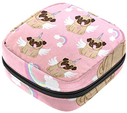 Damenbinde Aufbewahrungstasche, weibliche Produktbeutel, tragbare Perioden-Kit-Tasche für Mädchen, Frauen, Damen, niedliches Cartoon-Mops-Einhorn-Flügel-Muster, Mehrfarbig, 4.7x6.6x6.6 in/12x17x17 cm