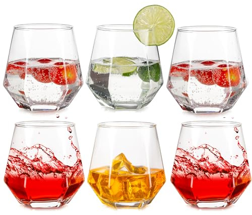 Inweder Old Fashioned Whiskygläser: 6 Stück Stemless Trinkgläser Klar | 300 ml Fassungsvermögen, Geometrisches Diamant-Design, Modern Look Tumbler für Bourbon/Kraken/Rum/Cocktails/Wasser/Saft