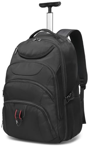 Rullande ryggsäck, ryggsäck med hjul, handbagage affärsväska, högskola dator ryggsäck vagn resväska för män kvinnor, Svart, 17.3, Snygg