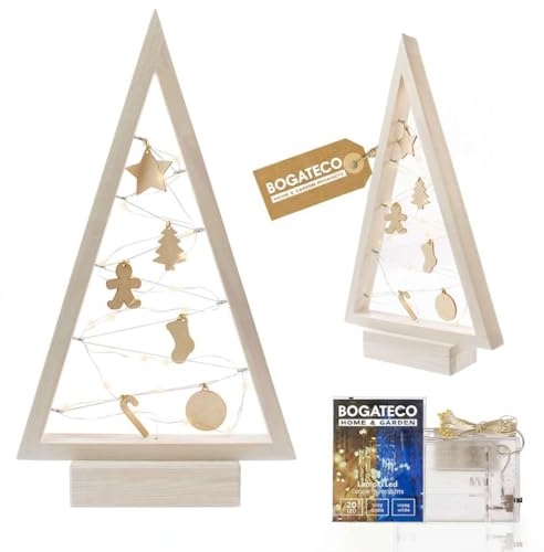 BOGATECO Weihnachtsbaum aus Holz mit LED Beleuchtung 52cm hoch | Holzdekoration inklusive | Weihnachtsdekorationen | 20 LED |