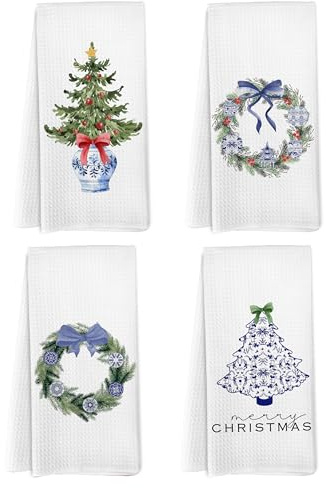 Yorhifa Chinoiserie Christmas Kitchen Towels Set of 4, Christmas Dish Hand Tea Towels for Kitchen, Blue and White Chinoiserie Decor for Bathroom Kitchen, Xmas Decorative Kitchen Towel, 16x24inch