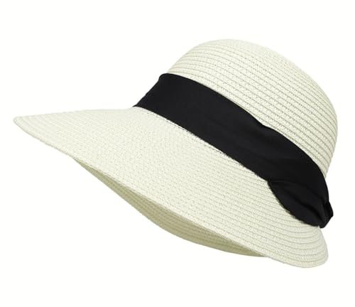 HEYANN Sommer Stroh Sonnenhut für Damen, Strohhut Damen Sonnenhüte für Frauen UV-Schutz Sonnenkappe Faltbarer Sonnenhut für Urlaub im Freien Strand (M/L, Milchwite)
