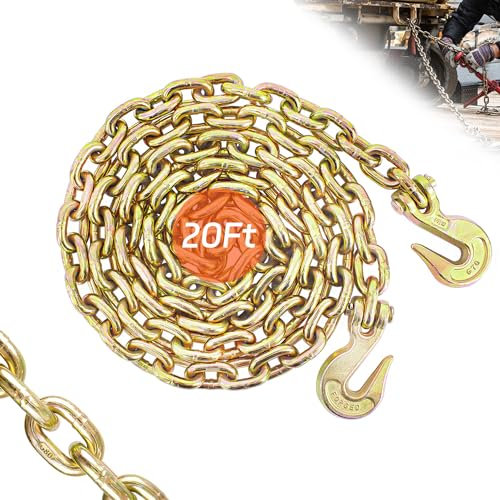 Transport Binder Chain 3/8 Inch x 20 Foot | Safety/Binder Chain with Clevis Grab Hooks 7100 lbs WLLHeavy Duty Chain for Transporting,Towing,Tie Down and Binding Equipment (3/8'' x 20FT,Yellow Zinc)