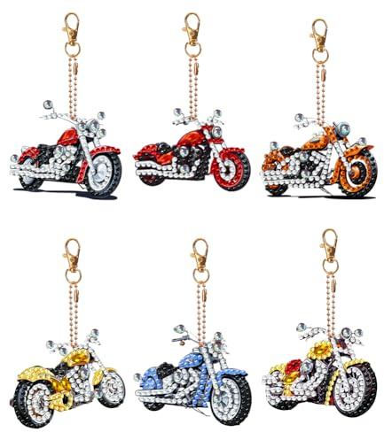 Generisch 6PCS DIY Diamond Painting Schlüsselanhänger Motorrad 5D Doppelseitig Diamant Painting Bilder Anhänger, Diamant Malerei Schlüsselbund Geschenke für Weihnachten Kindertag geburtstag