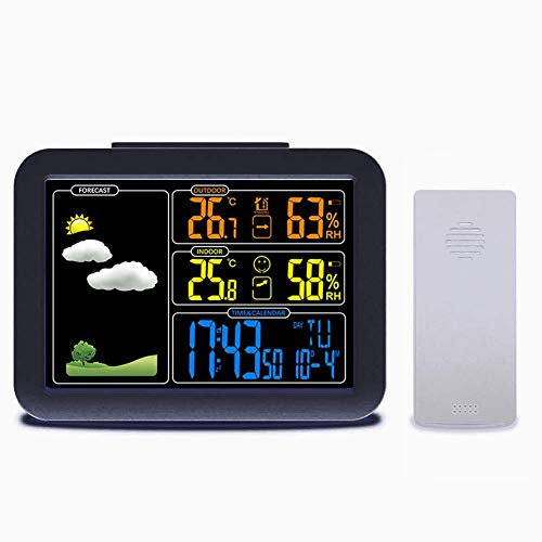 TENGJUN Wireless Weather Station Clock Thermometer Hygrometer,Digital Indoor Outdoor Weather Forecast LCD Display Calendar Snooze Alarm Clock with Sensor Garden Living Room Office Camping,Black