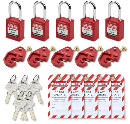Bwintech 5 Stück 38MM verschiedene rote Sicherheitsvorhängeschlösser Set mit Schlüssel mit Schutzschalter Sicherheitsschloss Vorhängeschloss Loto Tag Sicherheitsvorhängeschloss
