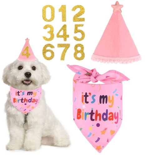Rosa Hunde Geburtstag Hut Bandana Set mit 8 Bling Nummern Hundegeburtstagskrawatte Krawatten Hund Halstuch Bandana Zubehör Set für Hundegeburtstagsparty