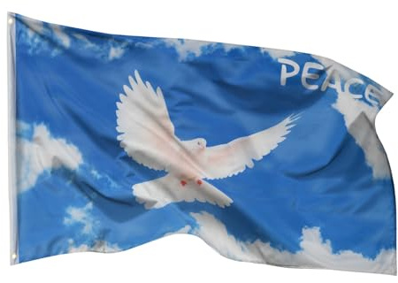 PHENO FLAGS Drapeau paix colombe 90x150cm – extrêmement résistant aux intempéries, avec œillets en laiton, 100% polyester, coutures doubles robustes et couleurs éclatantes - guirlande PEACE