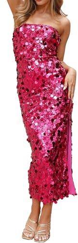 YYA Women's Midi Strapless Dress Sequin Strappy Bodycon Party Dress Sparkly Glitter Ruched Party Club Dress Hot Hot Red S