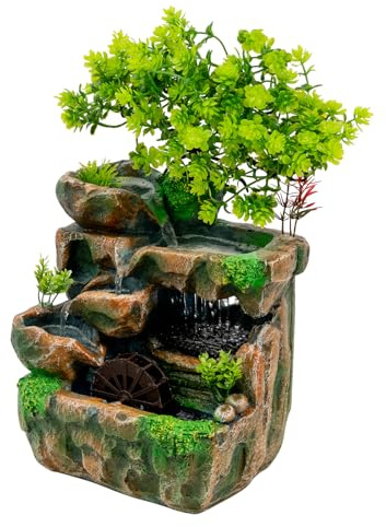 Zimmerbrunnen mit LED Beleuchtung, Grüne Pflanze Brunnen Table Indoor Fountain Deko Tischbrunnen Wasserfall für Schlafzimmer Wohnzimmer Studie, 18 x 15 x 30cm